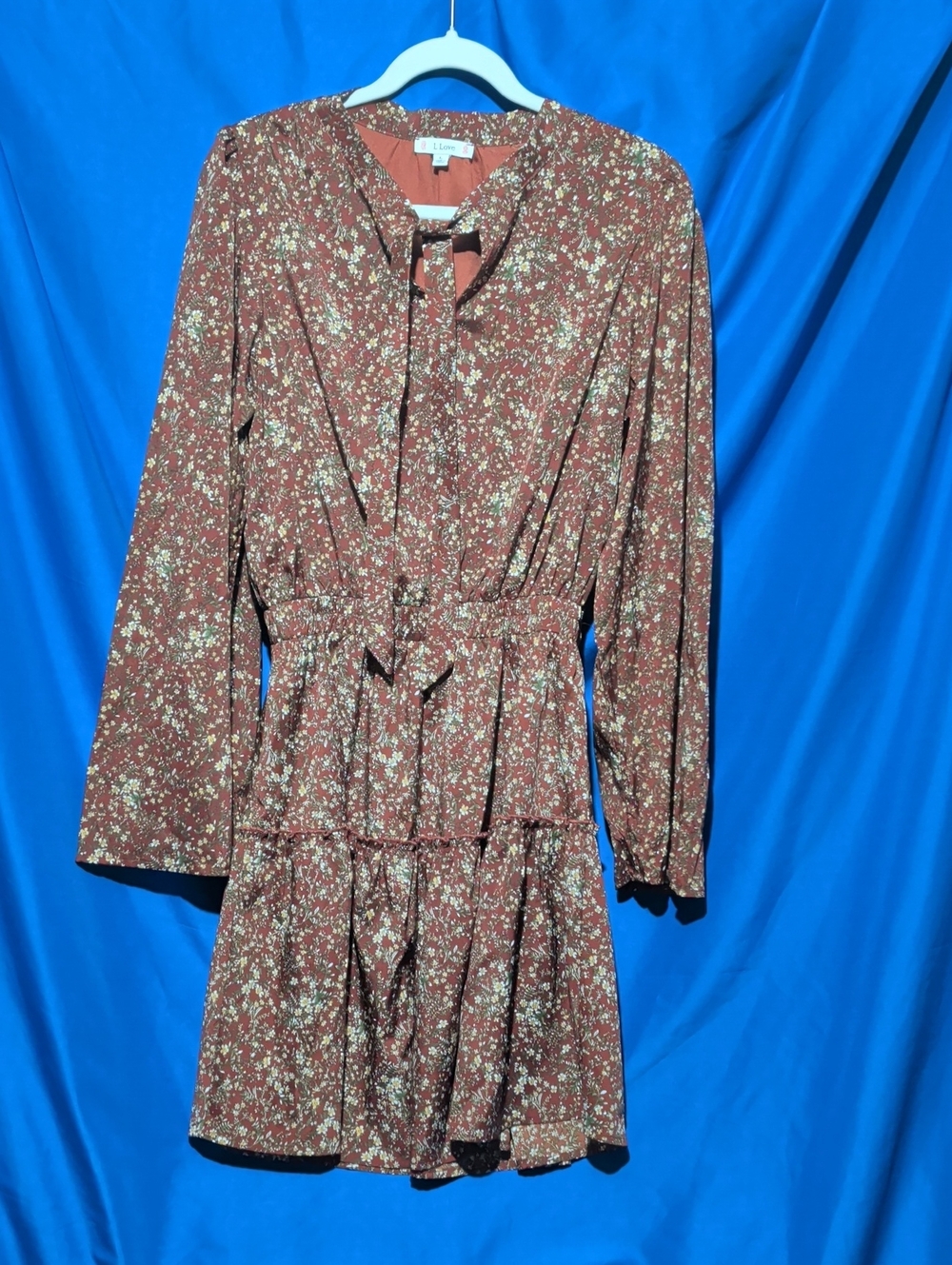 Floral Tie-Neck Long Sleeve Dress in Rust
